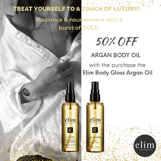 Body Glow Up! Buy Elim Gold Spritz - Get 50% off Elim Body Gloss Oil